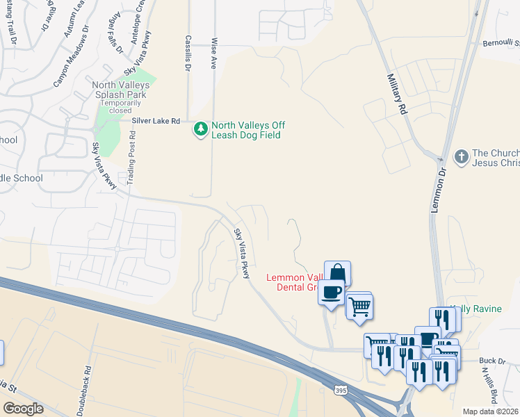 map of restaurants, bars, coffee shops, grocery stores, and more near 7711 Sky Vista Parkway in Reno