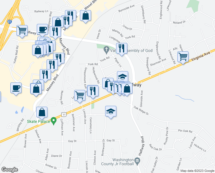 map of restaurants, bars, coffee shops, grocery stores, and more near 11214 Marbern Road in Hagerstown