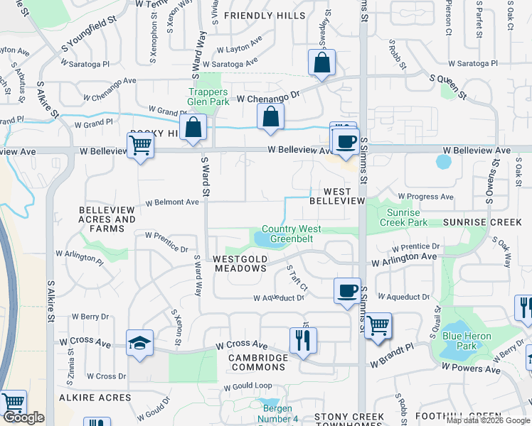 map of restaurants, bars, coffee shops, grocery stores, and more near 12196 West Belleview Drive in Littleton