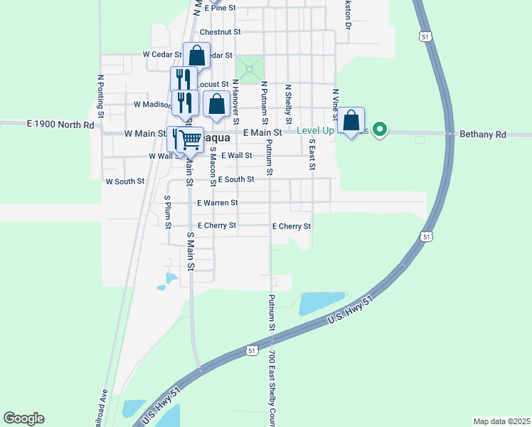 map of restaurants, bars, coffee shops, grocery stores, and more near 408 South Putnam Street in Moweaqua