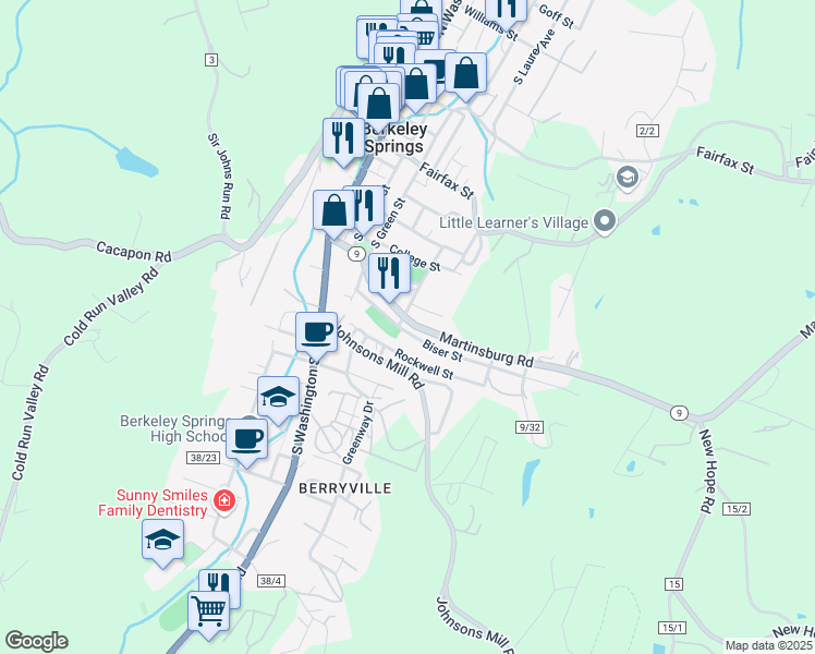 map of restaurants, bars, coffee shops, grocery stores, and more near 395 Martinsburg Road in Berkeley Springs