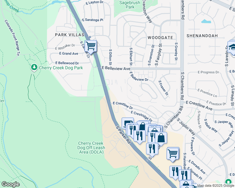 map of restaurants, bars, coffee shops, grocery stores, and more near 14501 East Crestline Drive in Aurora