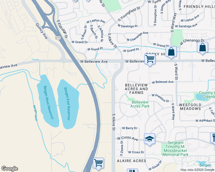 map of restaurants, bars, coffee shops, grocery stores, and more near 5381 South Alkire Street in Littleton