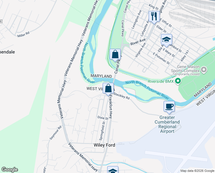 map of restaurants, bars, coffee shops, grocery stores, and more near 9 Steckley Road in Wiley Ford