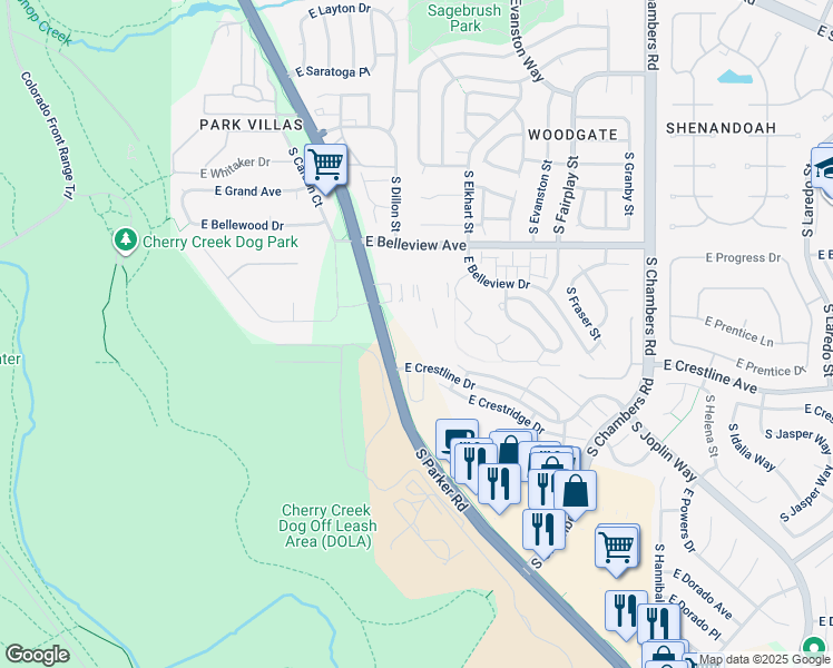 map of restaurants, bars, coffee shops, grocery stores, and more near 14501 East Crestline Drive in Aurora