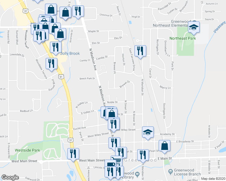 map of restaurants, bars, coffee shops, grocery stores, and more near 422 Brewer Drive in Greenwood