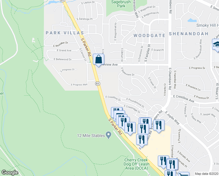 map of restaurants, bars, coffee shops, grocery stores, and more near 5292 South Parker Road in Aurora