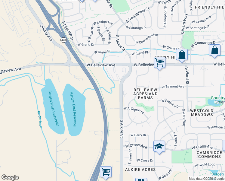 map of restaurants, bars, coffee shops, grocery stores, and more near 5381 South Alkire Street in Littleton