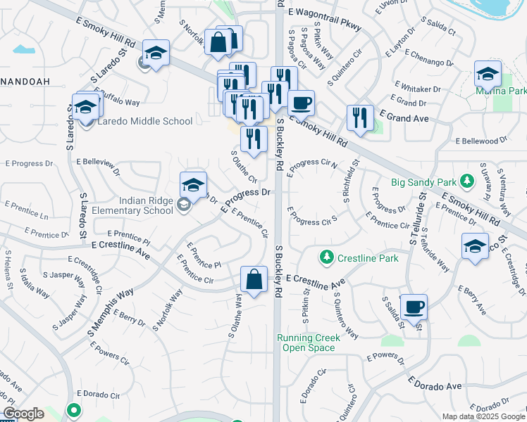 map of restaurants, bars, coffee shops, grocery stores, and more near 16776 East Hialeah Avenue in Centennial