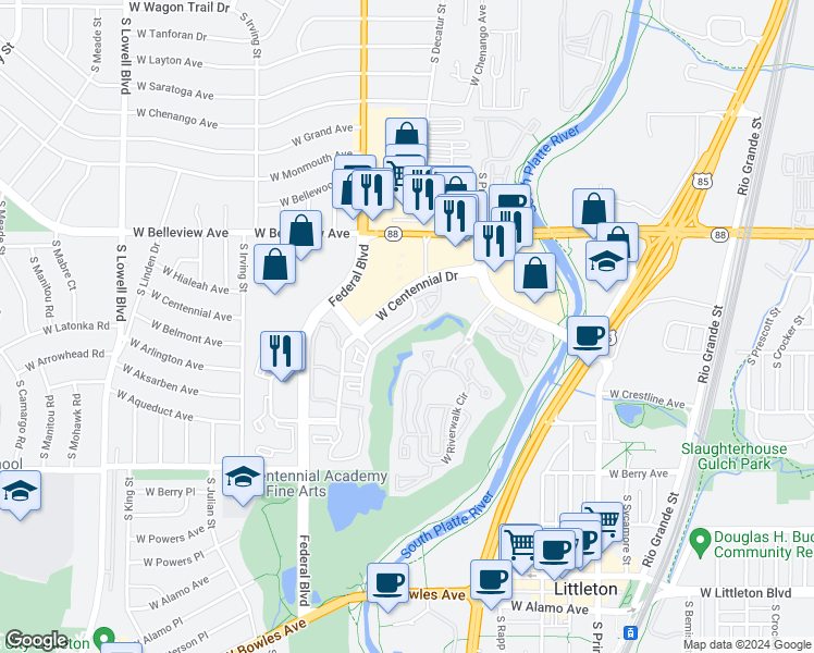 map of restaurants, bars, coffee shops, grocery stores, and more near 2844 West Centennial Drive in Littleton