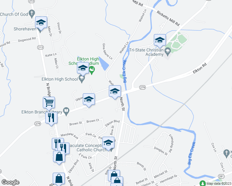 map of restaurants, bars, coffee shops, grocery stores, and more near 100 Newark Avenue in Elkton
