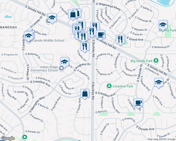 map of restaurants, bars, coffee shops, grocery stores, and more near 16776 East Hialeah Avenue in Centennial