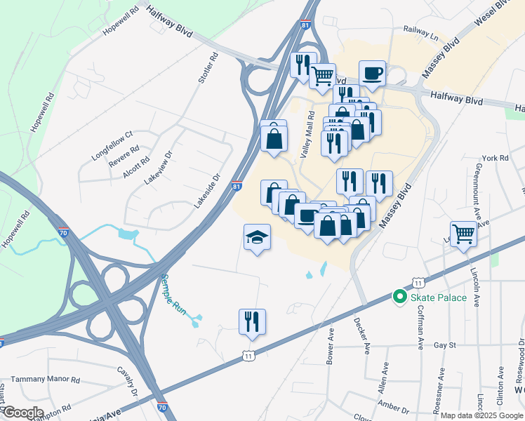 map of restaurants, bars, coffee shops, grocery stores, and more near 17145 Cole Road in Hagerstown