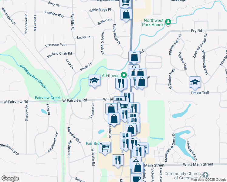 map of restaurants, bars, coffee shops, grocery stores, and more near 380 Pleasantview Drive in Greenwood