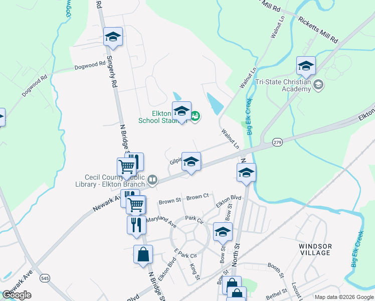 map of restaurants, bars, coffee shops, grocery stores, and more near 203 Gilpin Avenue in Elkton