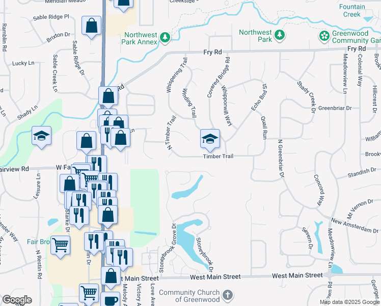 map of restaurants, bars, coffee shops, grocery stores, and more near 1487 Timber Trail in Greenwood