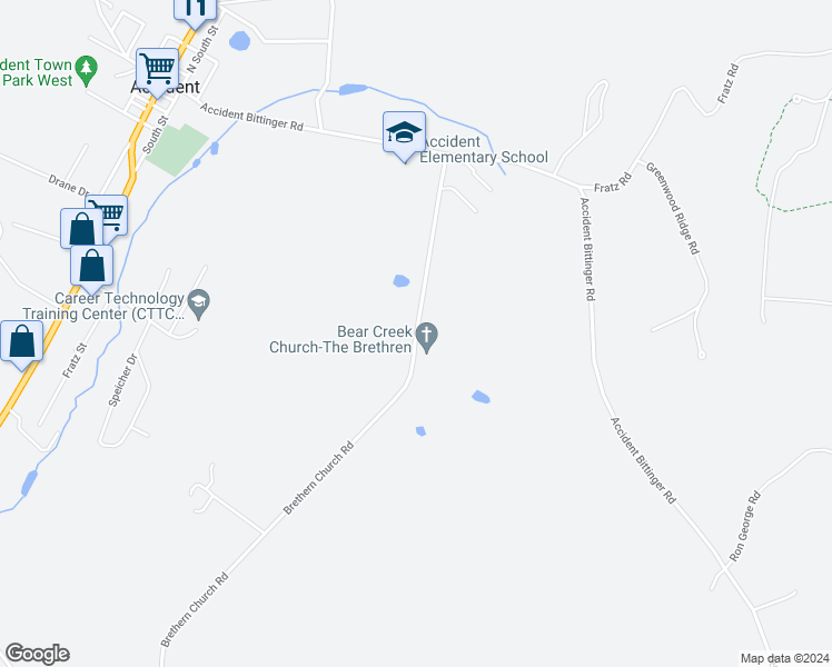 map of restaurants, bars, coffee shops, grocery stores, and more near 1263 Brethern Church Road in Accident