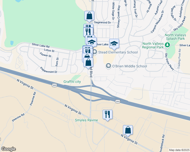 map of restaurants, bars, coffee shops, grocery stores, and more near 9886 Coastal Fog Drive in Reno