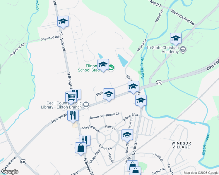 map of restaurants, bars, coffee shops, grocery stores, and more near 203 Gilpin Avenue in Elkton