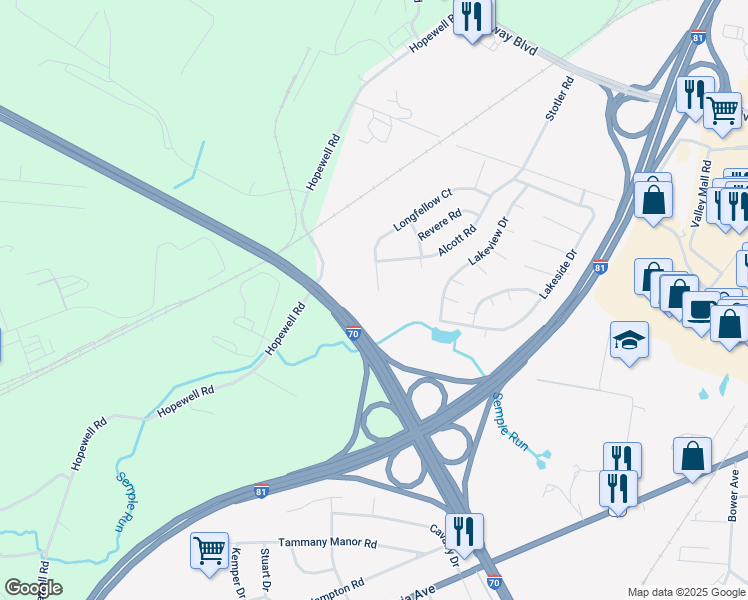 map of restaurants, bars, coffee shops, grocery stores, and more near 16804 Longfellow Court in Hagerstown