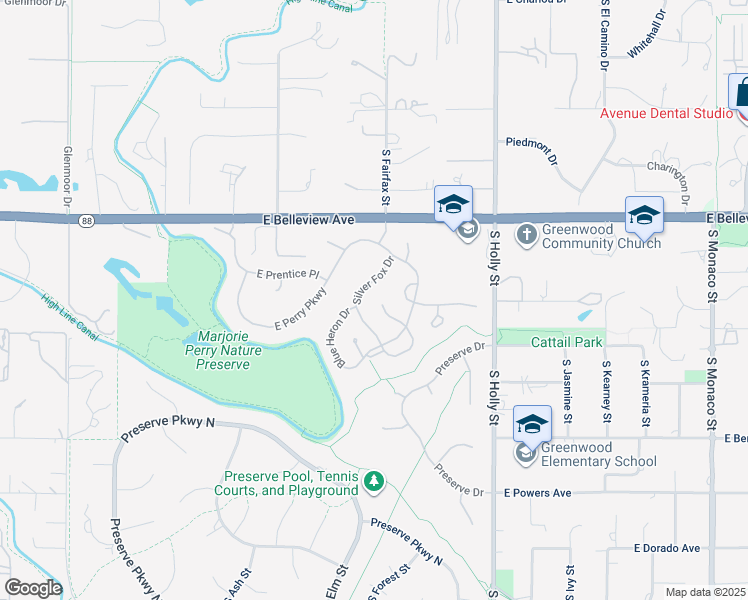 map of restaurants, bars, coffee shops, grocery stores, and more near 100 Blue Heron Court in Greenwood Village