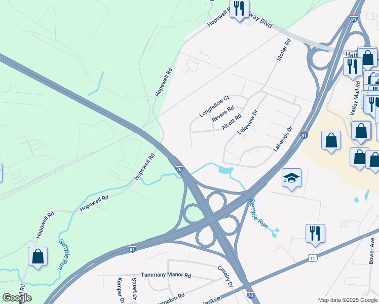 map of restaurants, bars, coffee shops, grocery stores, and more near 16804 Longfellow Court in Hagerstown