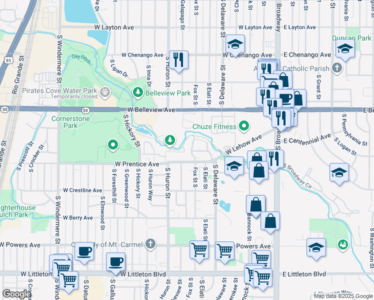 map of restaurants, bars, coffee shops, grocery stores, and more near 5201 South Fox Street in Littleton