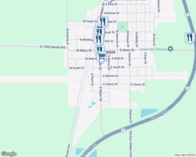 map of restaurants, bars, coffee shops, grocery stores, and more near 100-198 West Cherry Street in Moweaqua