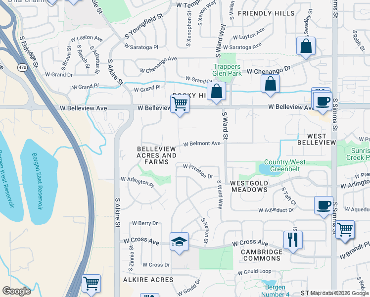 map of restaurants, bars, coffee shops, grocery stores, and more near 12650 West Belmont Avenue in Littleton