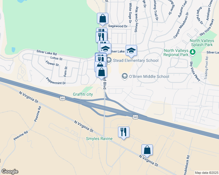 map of restaurants, bars, coffee shops, grocery stores, and more near 9886 Coastal Fog Drive in Reno