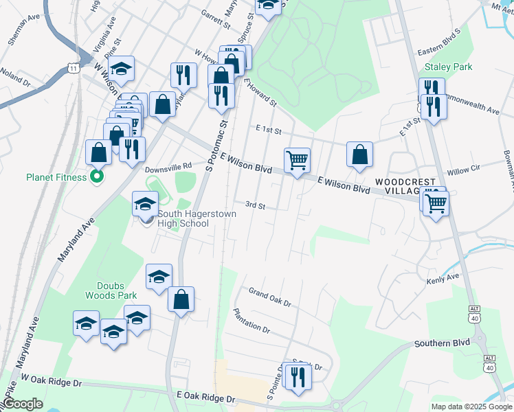 map of restaurants, bars, coffee shops, grocery stores, and more near 121 3rd Street in Hagerstown