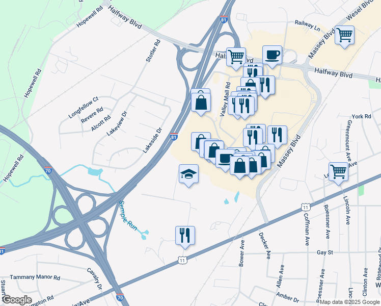 map of restaurants, bars, coffee shops, grocery stores, and more near 17145 Cole Road in Hagerstown