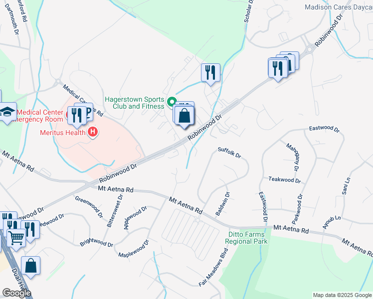 map of restaurants, bars, coffee shops, grocery stores, and more near Jade Court in Hagerstown