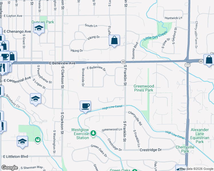 map of restaurants, bars, coffee shops, grocery stores, and more near 22 South Brookside Drive in Greenwood Village