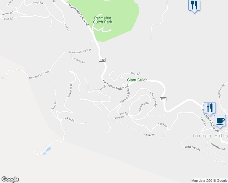 map of restaurants, bars, coffee shops, grocery stores, and more near 5145 Parmalee Gulch Road in Indian Hills