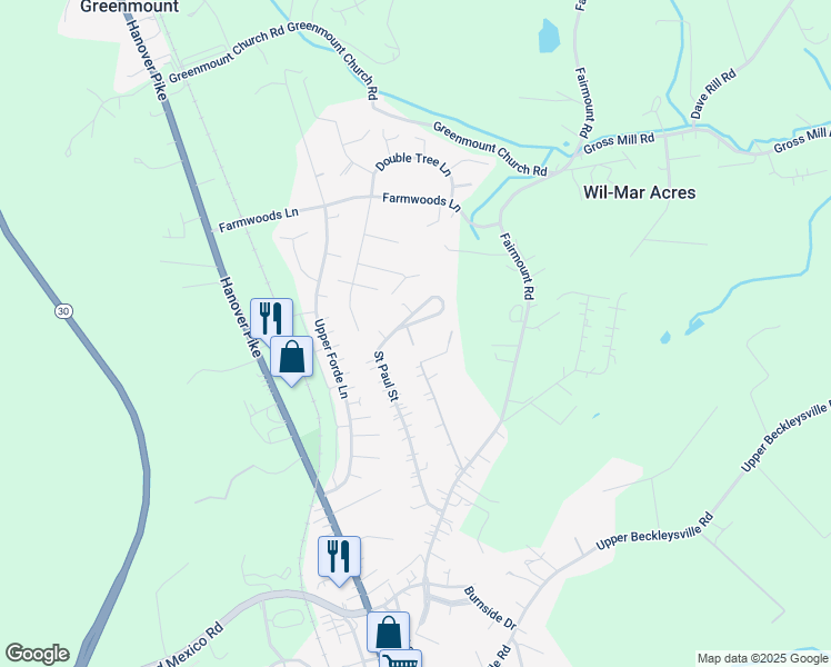 map of restaurants, bars, coffee shops, grocery stores, and more near 1649 Saint Paul Street in Hampstead