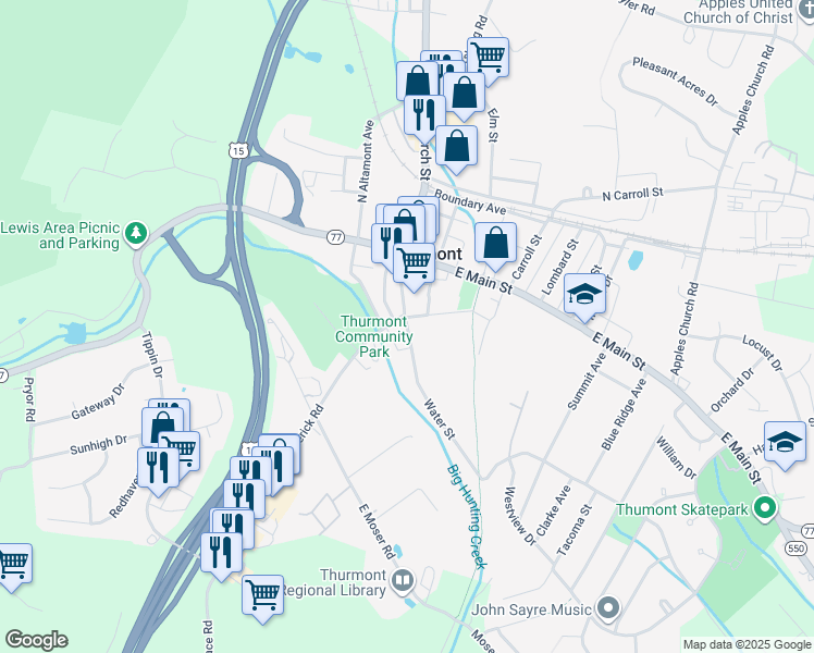 map of restaurants, bars, coffee shops, grocery stores, and more near 105 Woodland Avenue in Thurmont