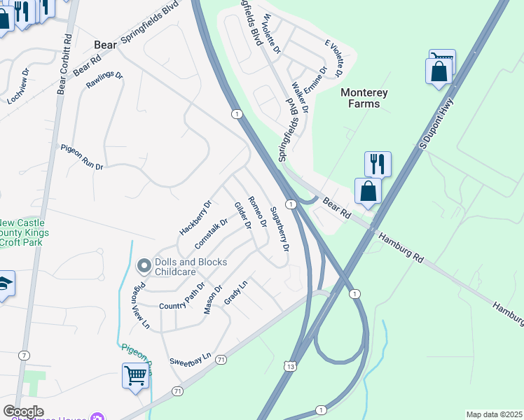 map of restaurants, bars, coffee shops, grocery stores, and more near 221 Romeo Drive in New Castle