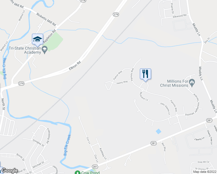 map of restaurants, bars, coffee shops, grocery stores, and more near 140 Patton Way in Elkton