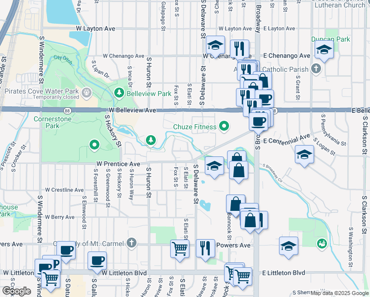 map of restaurants, bars, coffee shops, grocery stores, and more near 499 West Progress Avenue in Littleton