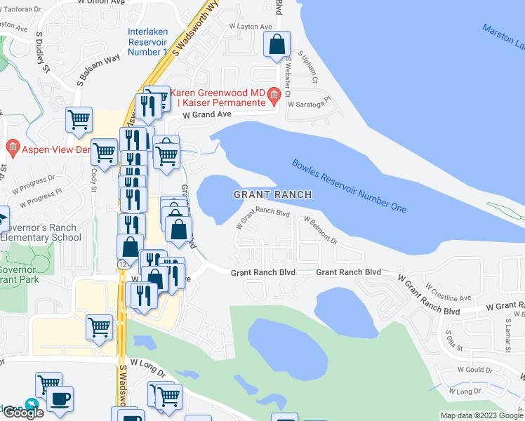 map of restaurants, bars, coffee shops, grocery stores, and more near 7361 West Grant Ranch Boulevard in Littleton