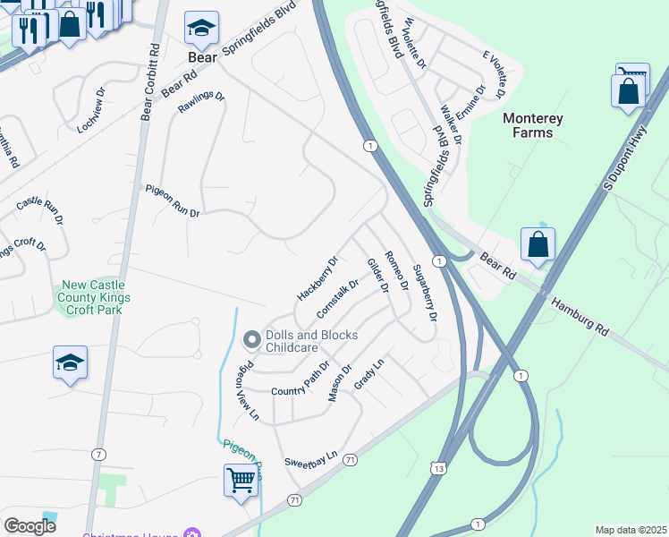 map of restaurants, bars, coffee shops, grocery stores, and more near 341 Hackberry Drive in New Castle