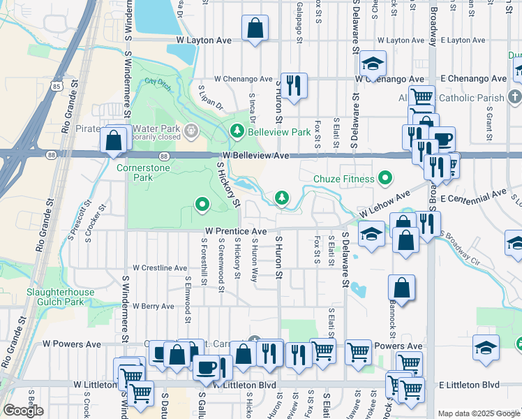 map of restaurants, bars, coffee shops, grocery stores, and more near 5250 South Huron Way in Littleton