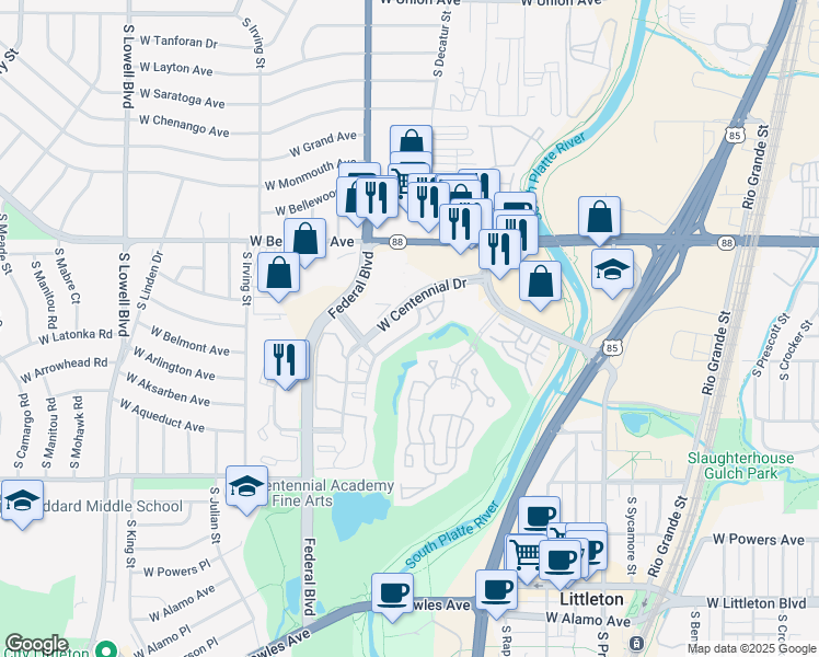 map of restaurants, bars, coffee shops, grocery stores, and more near 2844 West Centennial Drive in Littleton