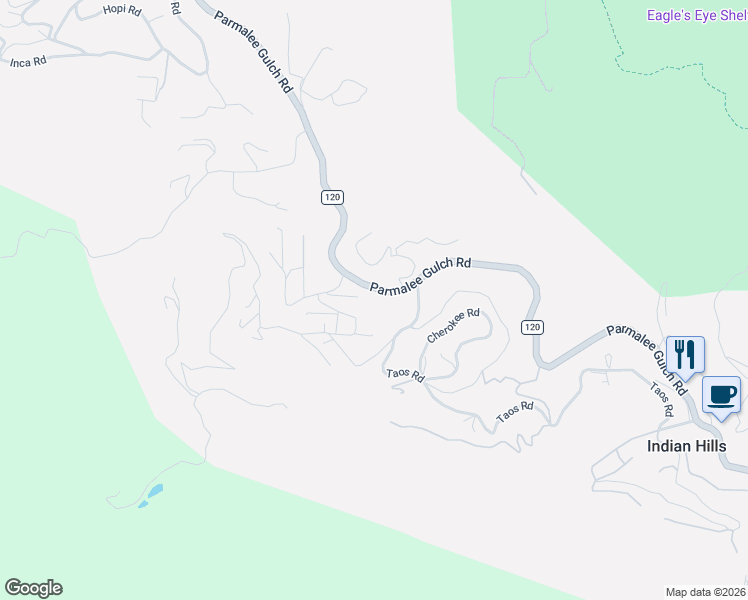 map of restaurants, bars, coffee shops, grocery stores, and more near 5145 Parmalee Gulch Road in Indian Hills