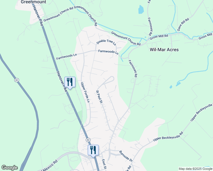 map of restaurants, bars, coffee shops, grocery stores, and more near 1649 Saint Paul Street in Hampstead