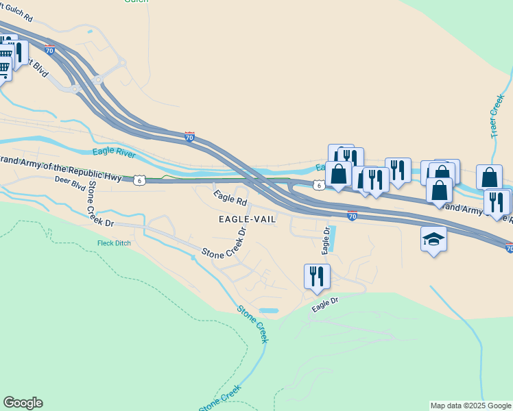 map of restaurants, bars, coffee shops, grocery stores, and more near 211 Eagle Road in Vail