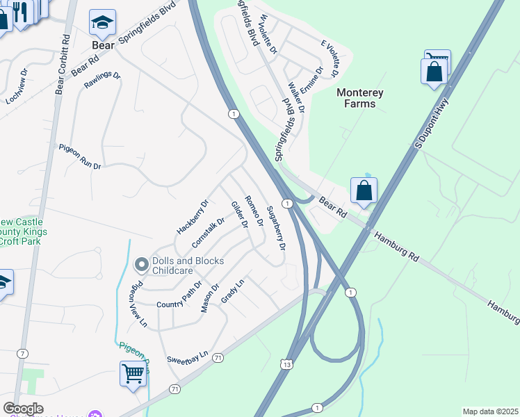 map of restaurants, bars, coffee shops, grocery stores, and more near 221 Romeo Drive in New Castle