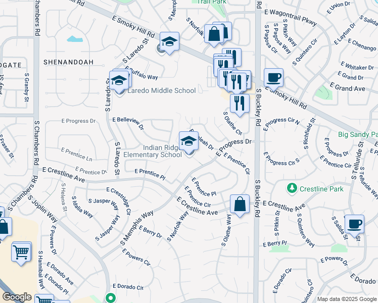 map of restaurants, bars, coffee shops, grocery stores, and more near 16501 East Progress Drive in Aurora