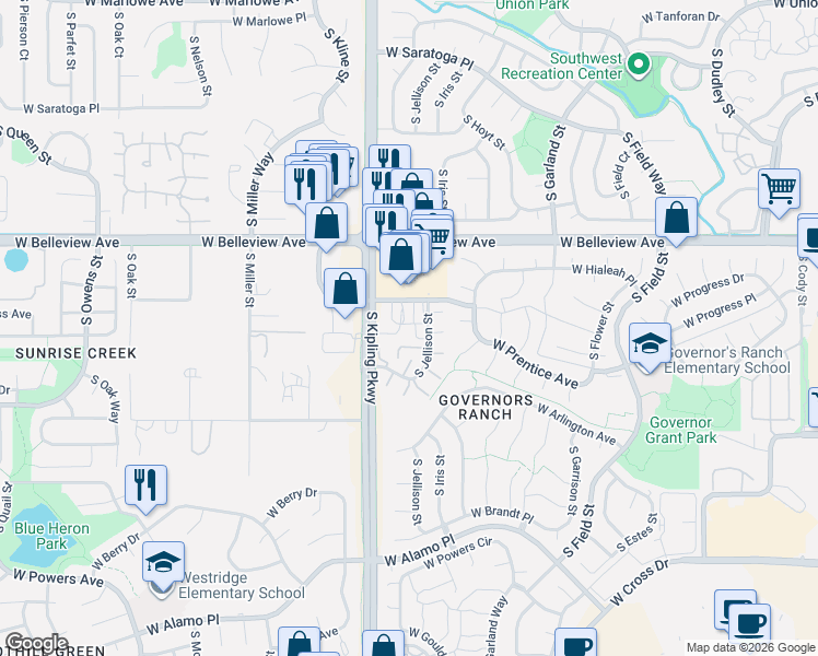 map of restaurants, bars, coffee shops, grocery stores, and more near 9866 West Progress Place in Littleton